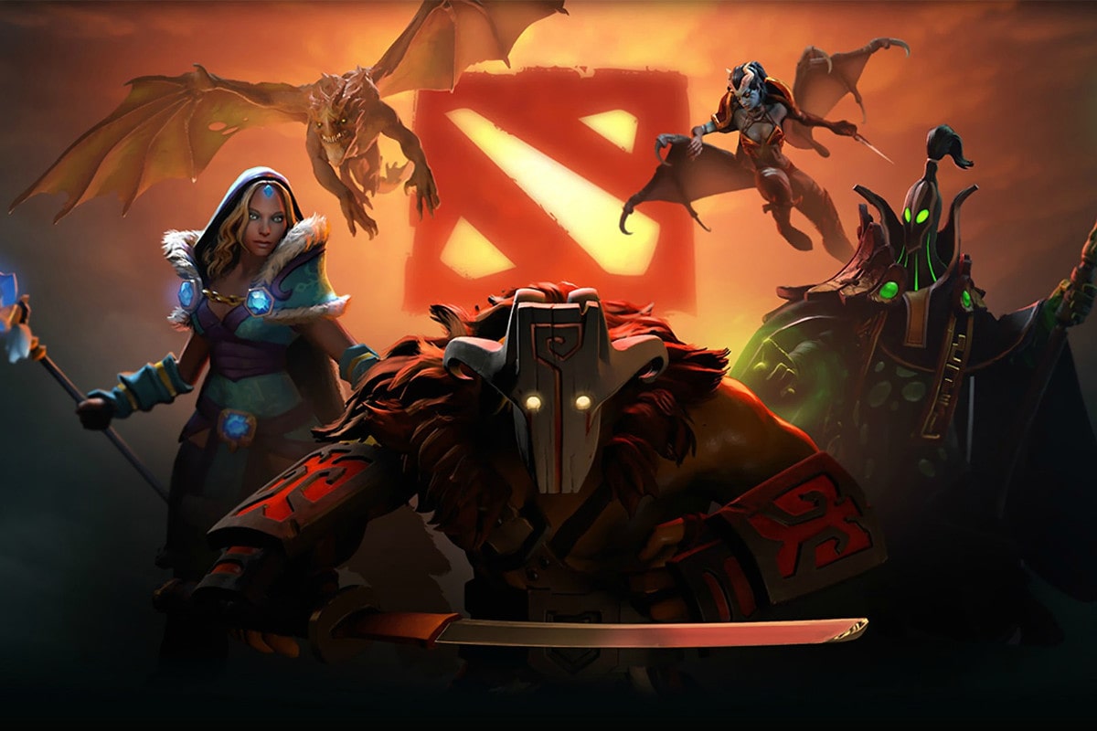 Graphic from Dota 2, with some characters surrounding the Dota 2 Logo