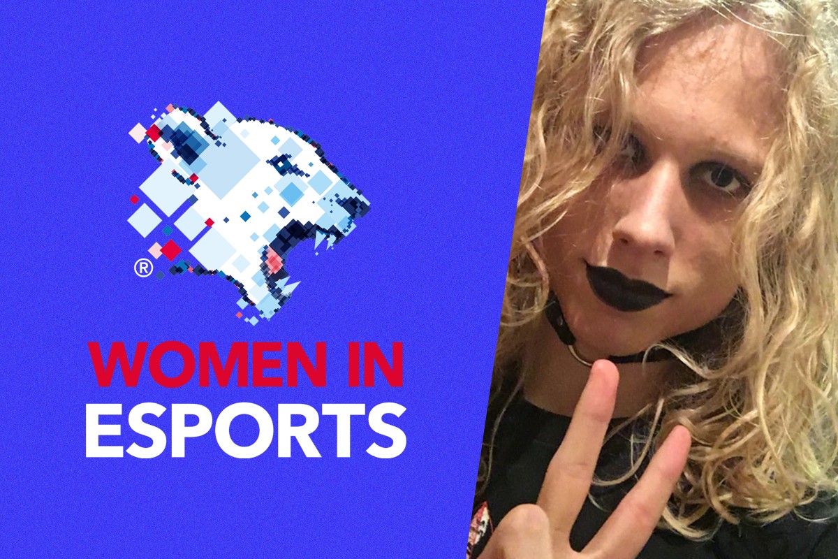 Picture of Zoey (CasuallyCutie) on a blue background where she talks about esports productionnext to the Women in Esports logo