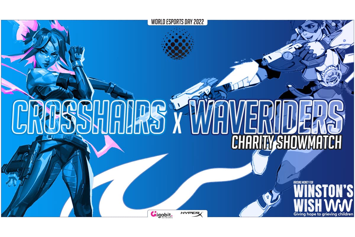 Crosshairs Versus Waveriders on a blue background to promote the showmatch