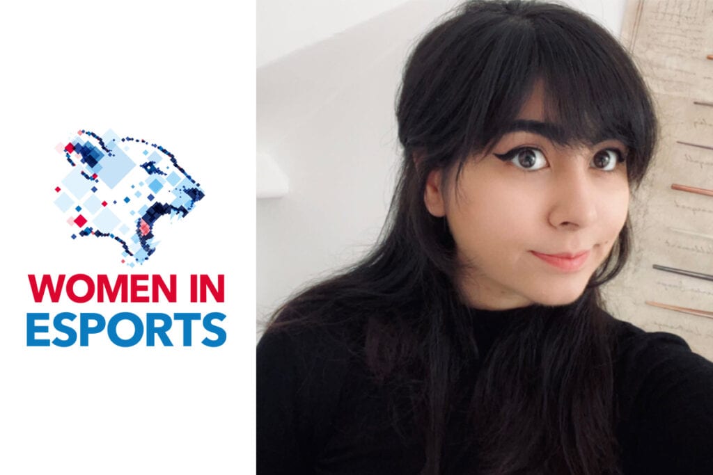 Left is the Women in Esports logo, and Sara Leghari from XL Esports is on the right in a black jumper
