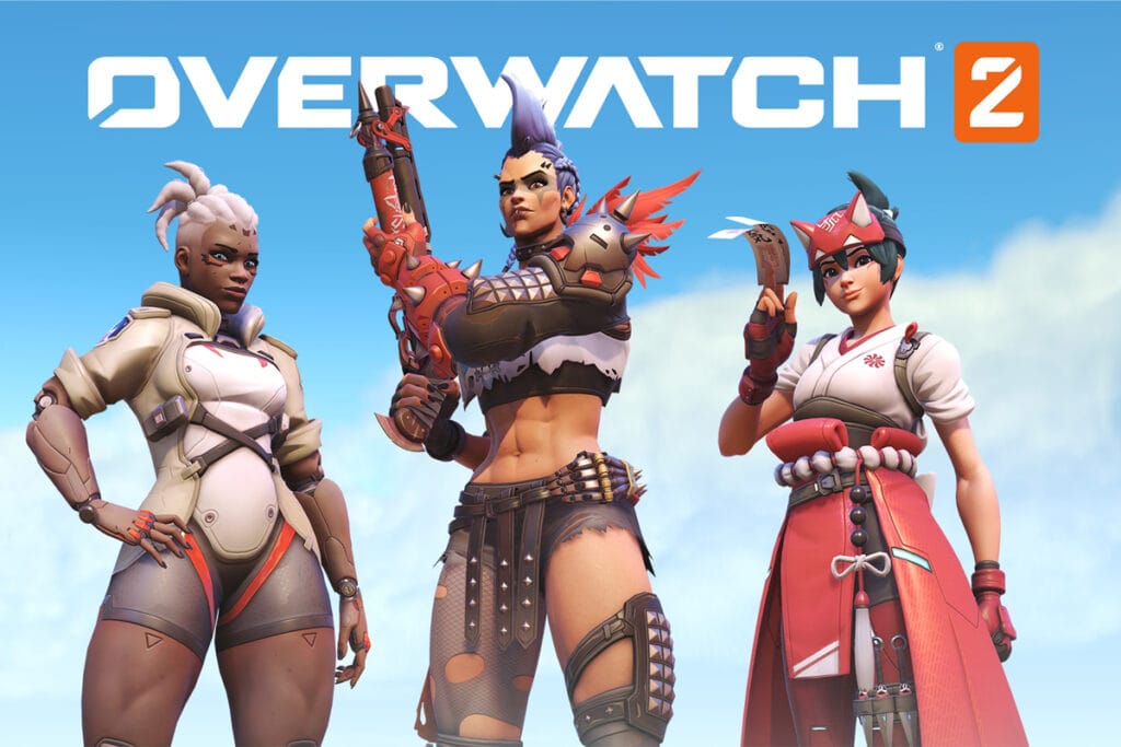 Sojounr, Junker Queen, and Kiriko below the Overwatch 2 logo on a blue background