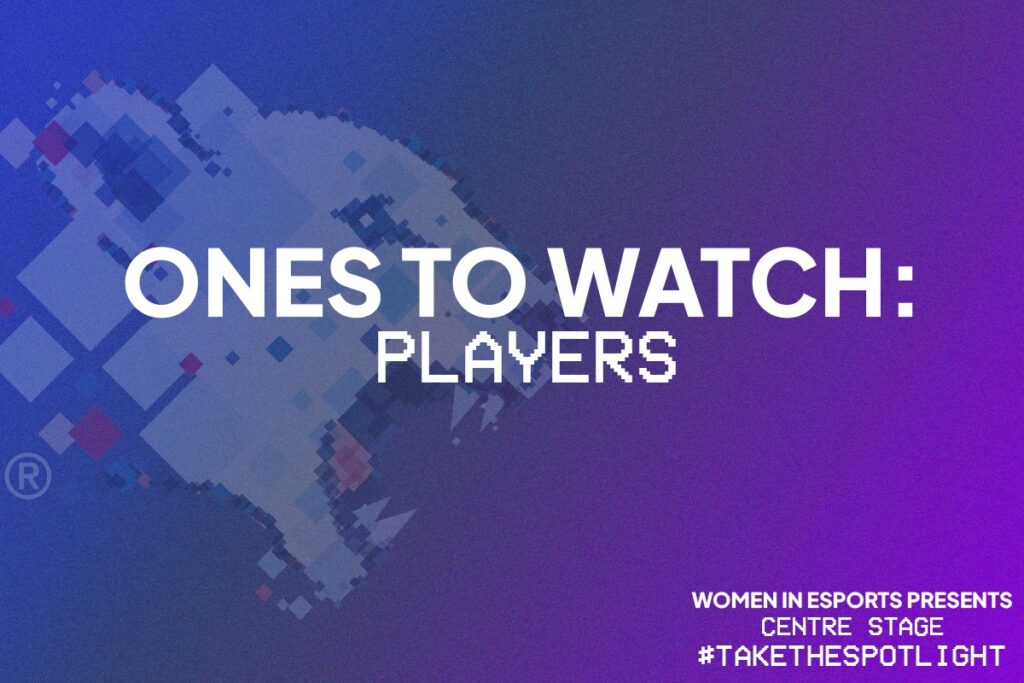 Image depicts the Women in Esports lioness on a blue and purple background, with text that reads 'ONES TO WATCH: Players'