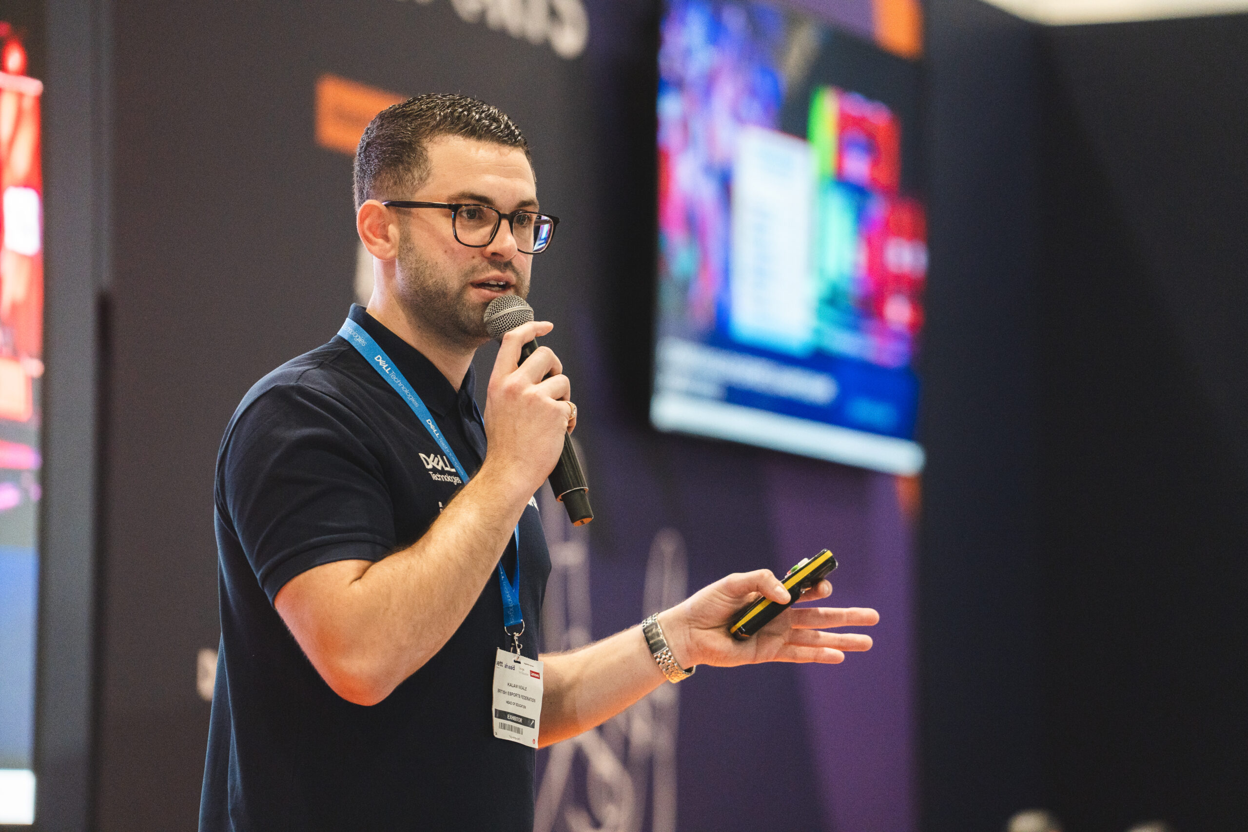 Kalam Neale, Head of Education at British Esports. Speaking on stage at Bett 2024.