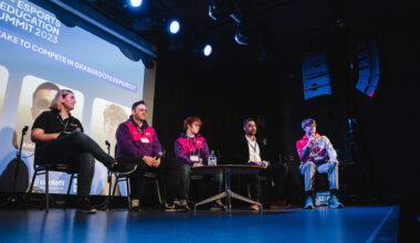 Alice Leaman and students discussing the Esports BTEC at the Esports in Education Summit 2023