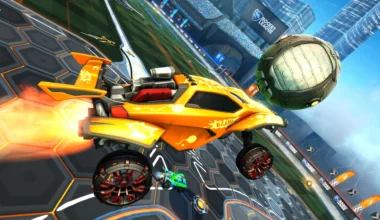 Screenshot from Rocket League featuring yellow cars