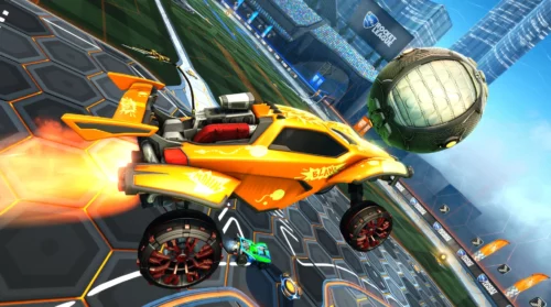 Screenshot from Rocket League featuring yellow cars