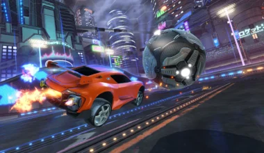Screenshot from Rocket League featuring red cars