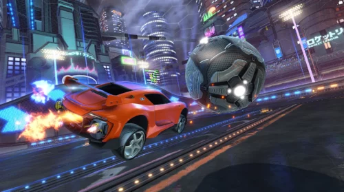 Screenshot from Rocket League featuring red cars