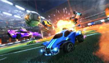 Screenshot from Rocket League featuring blue and purple cars