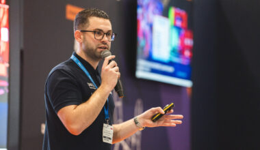 Kalam Neale, Head of Education at British Esports. Speaking on stage at Bett 2024.