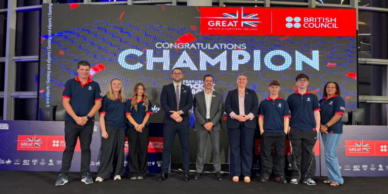 Exeter College on stage during the esports trip to Qatar